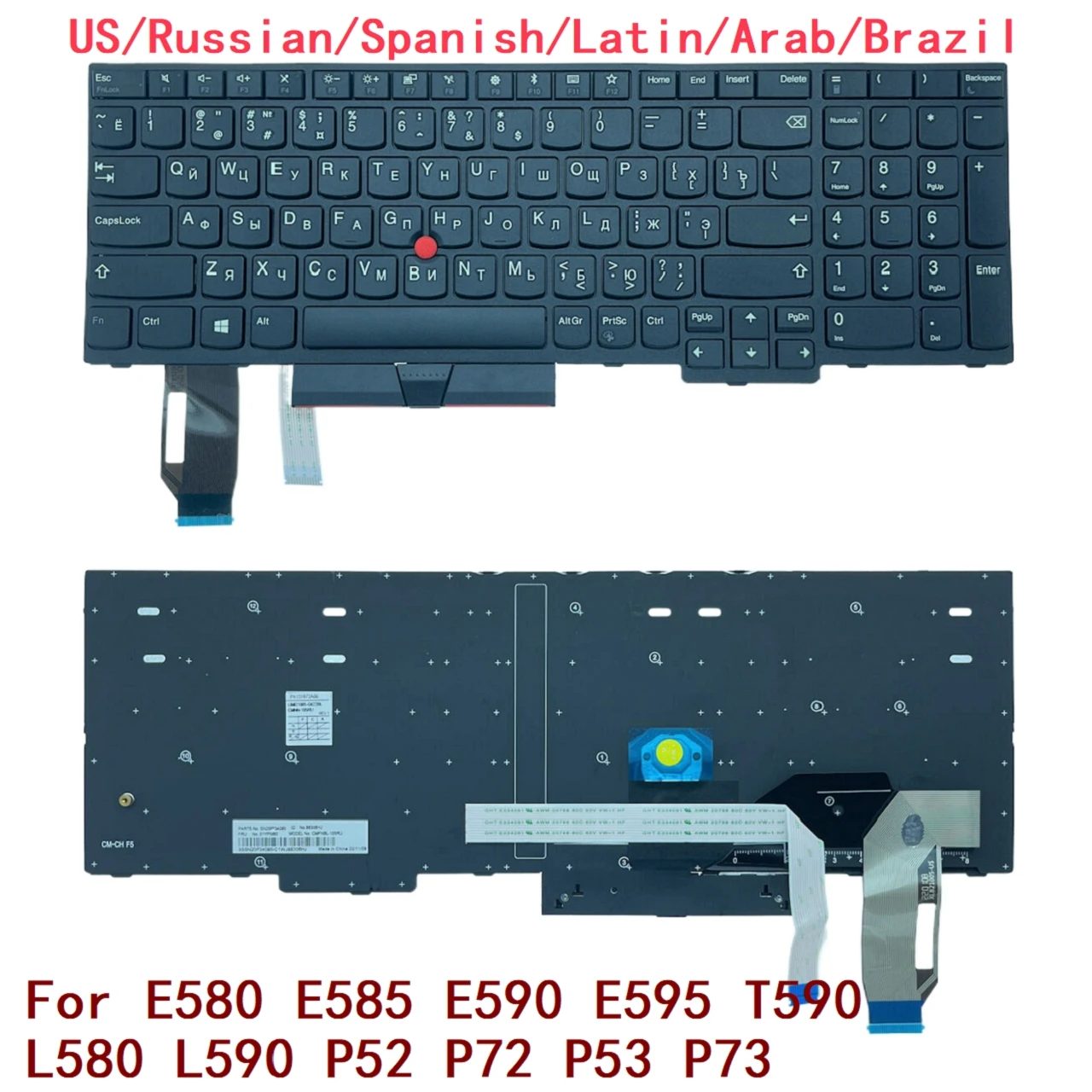 Nuevo teclado retroiluminado EE. UU., ruso, español, latino, árabe, Brasil, para Lenovo Thinkpad E580 E585 E590 E595 T590 L580 L590 P52 P72 P53 P73