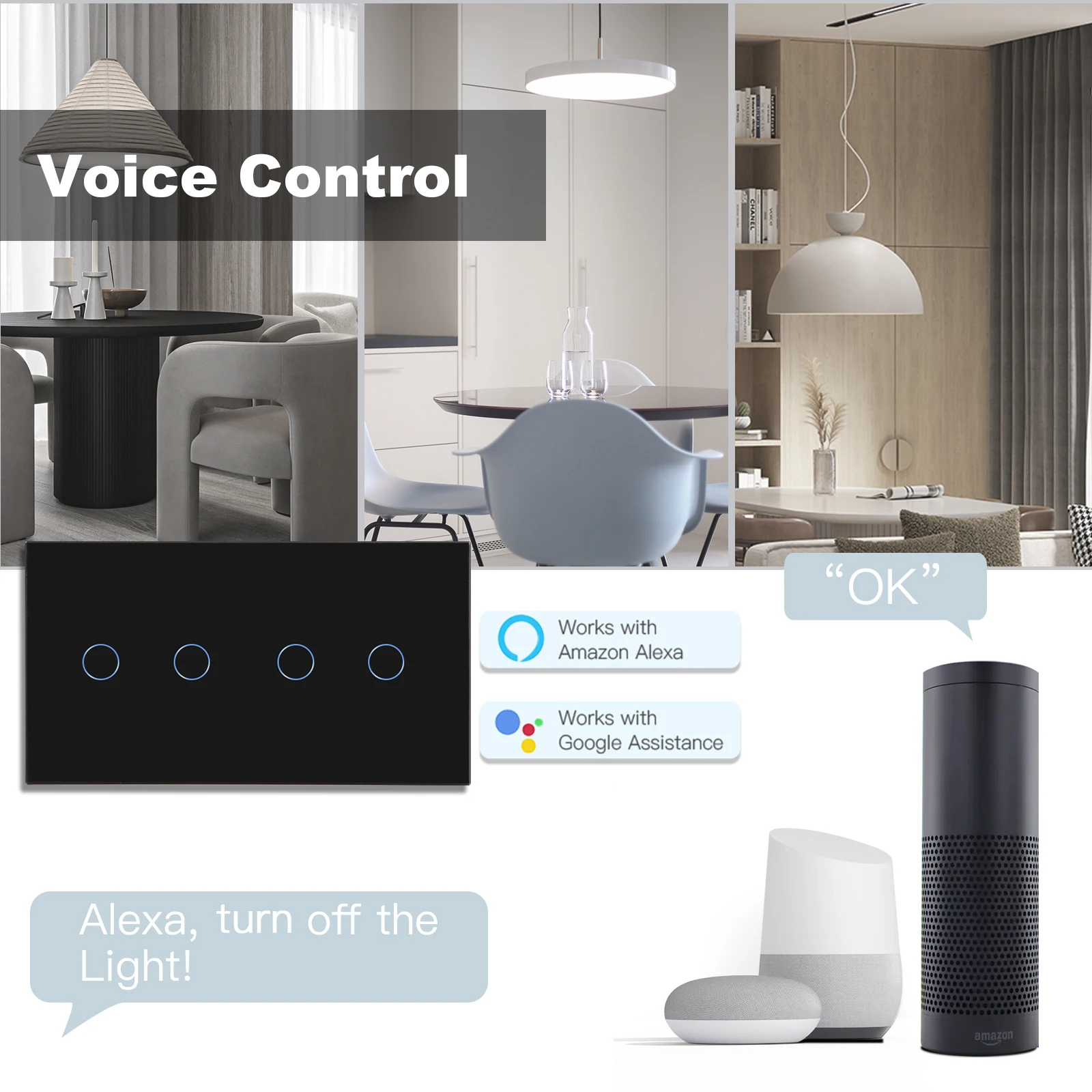 BSEED Wifi 1/2/3 interruptores de luz táctiles interruptores inteligentes dobles 1/2/3 vías Tuya Smart Life Alice Panel de vidrio de Control estándar de la UE - imagen 5