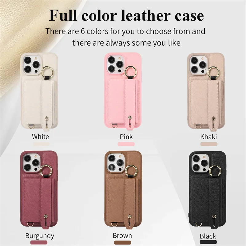 Funda de cuero con textura de lichi y cordón largo para iPhone 15, 14 Plus, 15, 13, 12, 11 Pro Max, funda trasera con soporte para correa para la muñeca - imagen 2