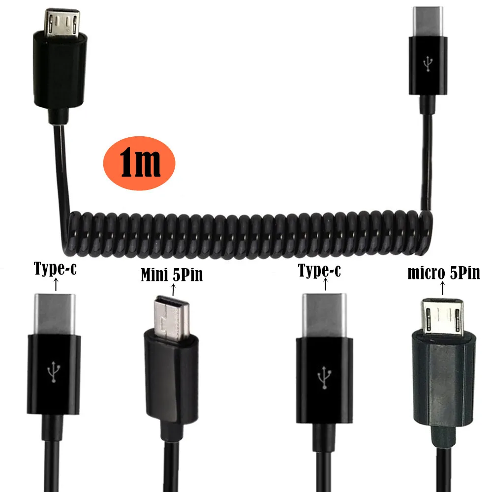 Cable espiral USB 3,1 tipo C macho a USB 2,0 Micro 5 pines y Mini USB, Cable de rizo de resorte elástico de 1m 3m