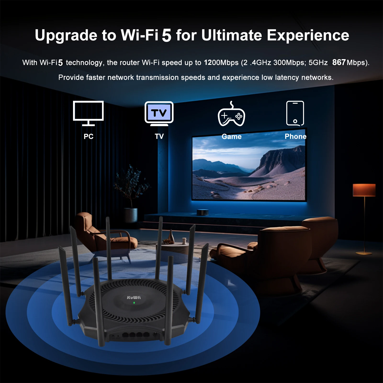 Enrutador AP KuWFi de 1200Mbps, enrutador WiFi de doble banda 11ac 2,4G 5G, antenas externas, puerto LAN Gigabit WAN, compatible con 64 usuarios, malla VPN - imagen 4