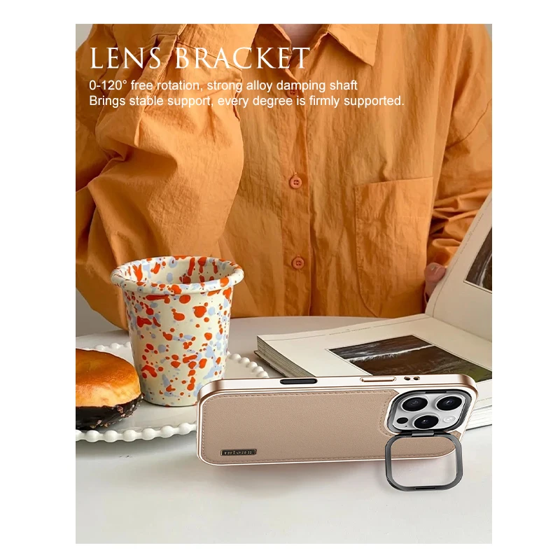 Wlons Defense Series Funda de cuero genuino chapada a prueba de golpes para iPhone 16 15 Pro Max lente soporte de Metal contraportada - imagen 3