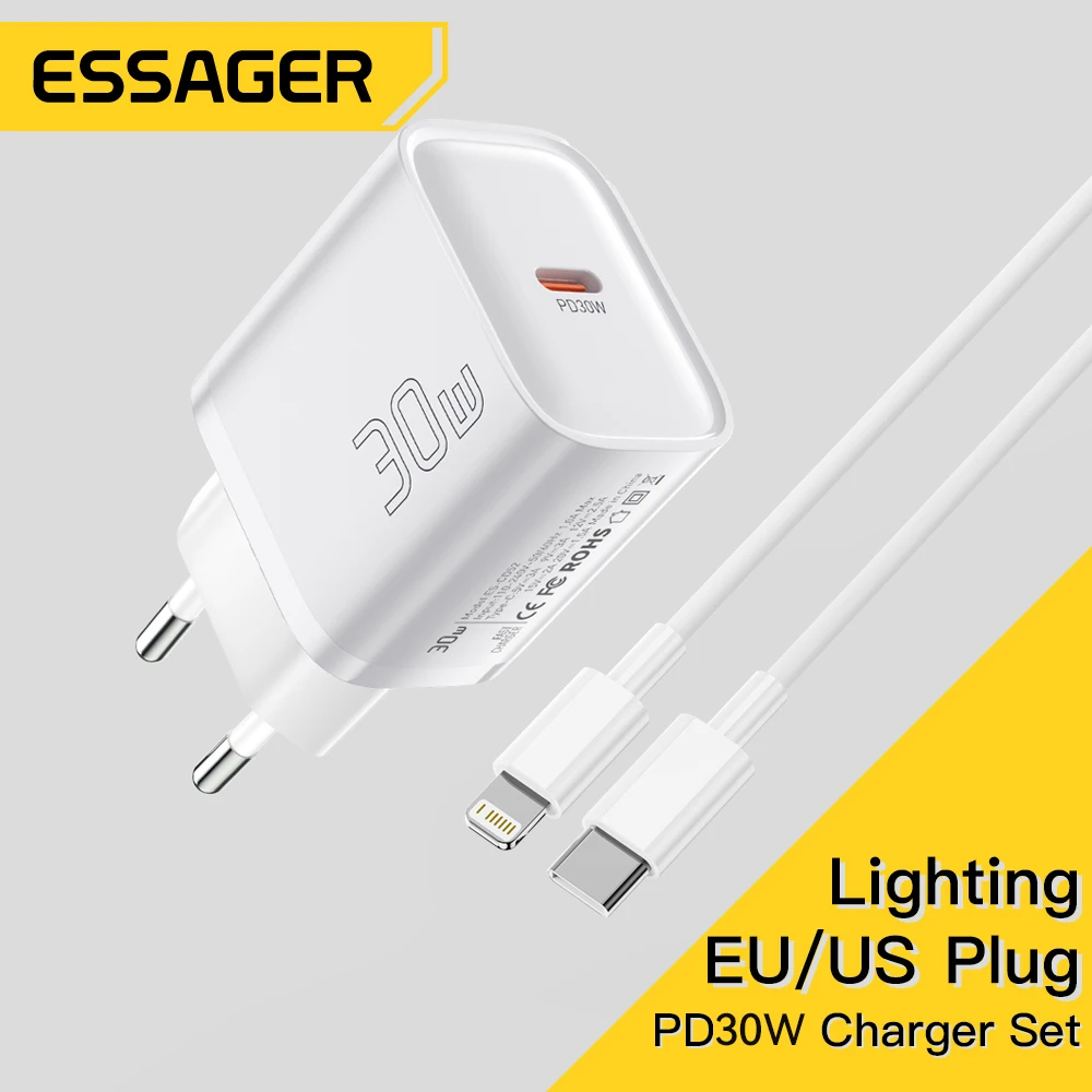 Essager Mini 30W tipo C cargador para iPhone 16 15 Xiaomi PD 20W Cable Lightning cargadores de viaje para iPhone 14 13 12 iPad Pro