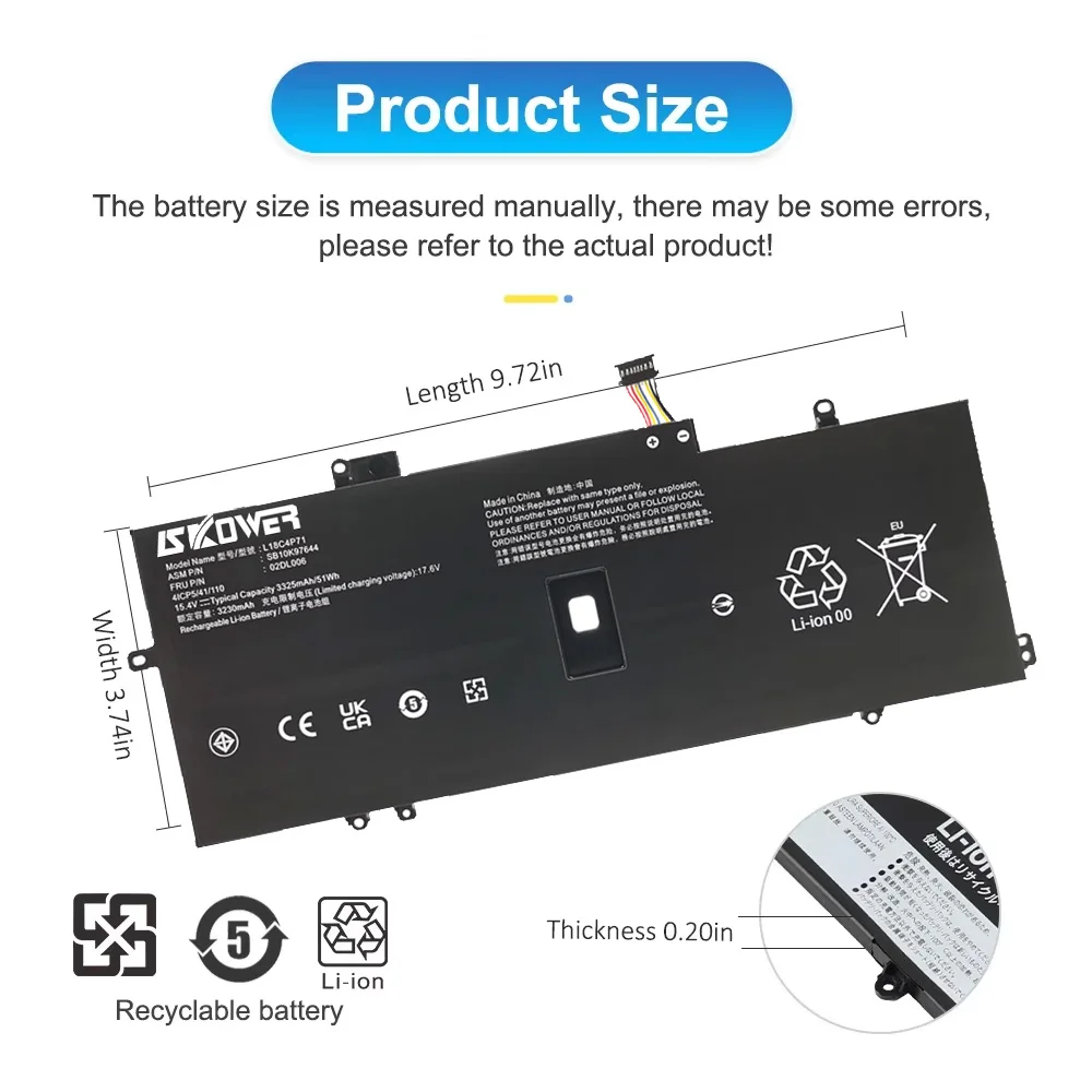 SKOWER L18C4P71 batería del ordenador portátil para Lenovo Thinkpad X1 Carbon 7th 2019 2020 L18L4P71 SKB10K97642 - imagen 3