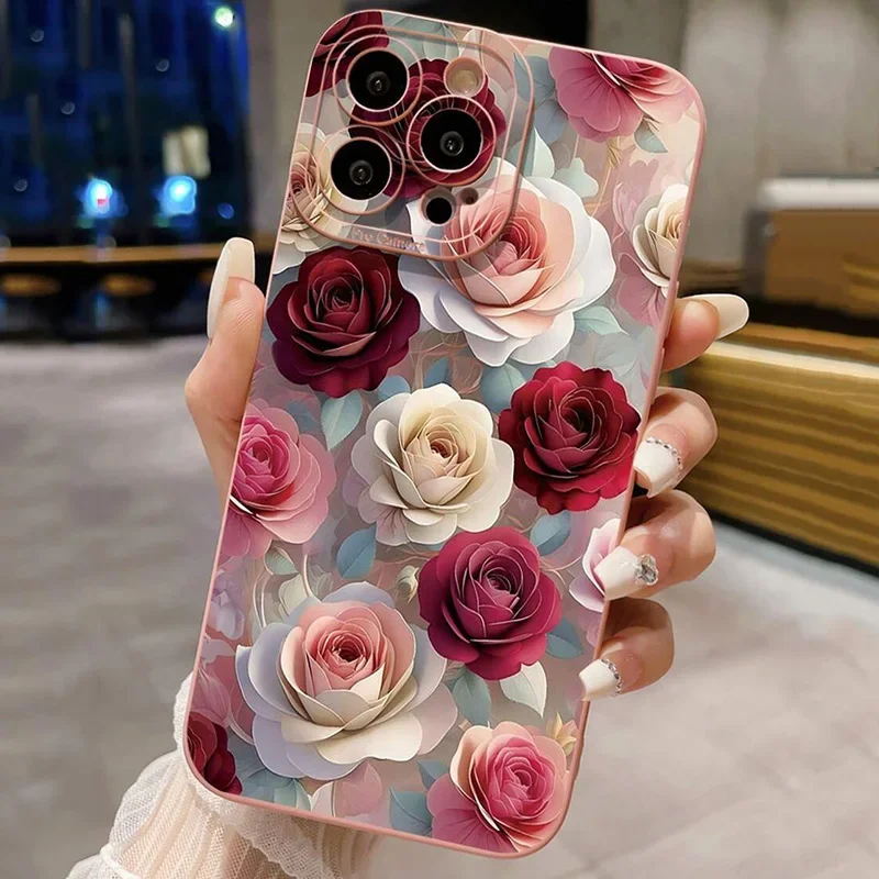 Funda de teléfono de lujo con estampado Floral de rosas a prueba de golpes para iPhone 16 Pro Max 15 14 13 12 11 XS X XR 7 8 Plus 16 funda suave a prueba de golpes - imagen 2