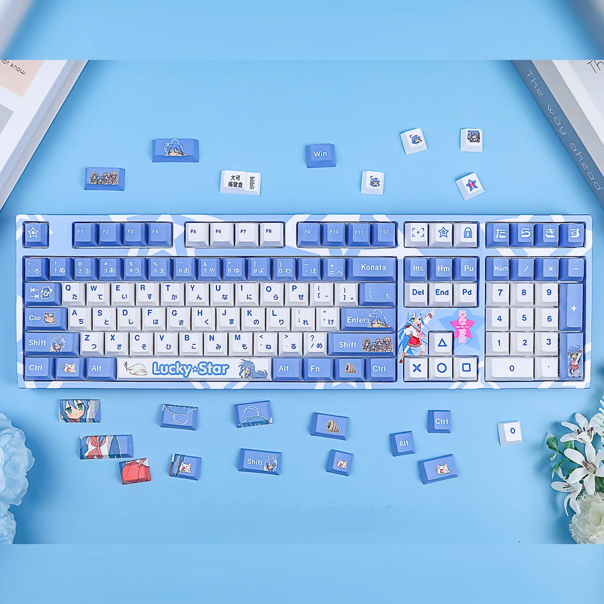 Juego de teclas con tema de estrella de la suerte, color morado y blanco, teclas de teclado PBT, teclas de perfil de cereza personalizadas para accesorios de teclado mecánico
