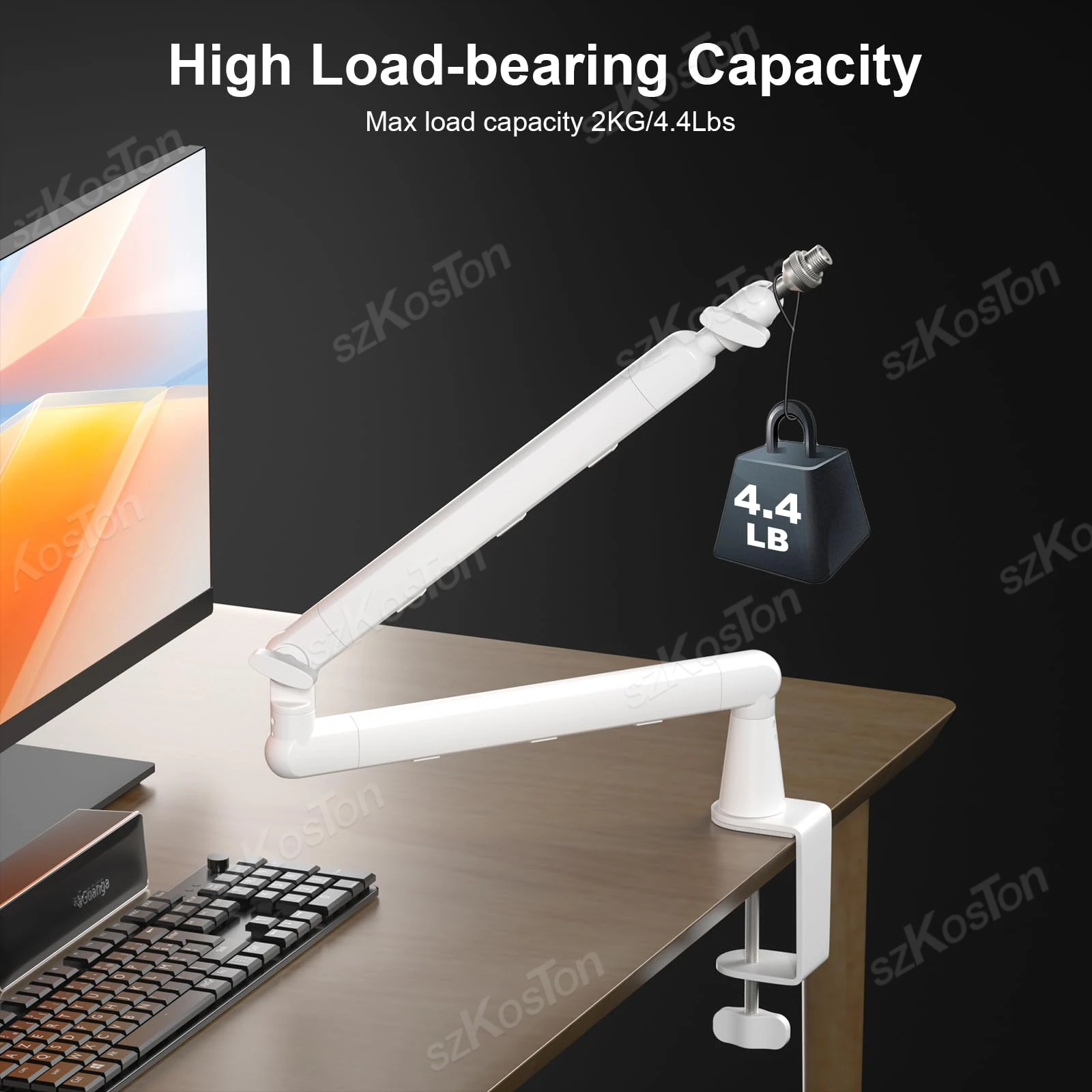 Soporte de micrófono de perfil bajo ajustable con brazo de soporte de micrófono blanco con elevador extendido y gestión de cables para SM7B MV7 AM8 K688 HyperX - imagen 3