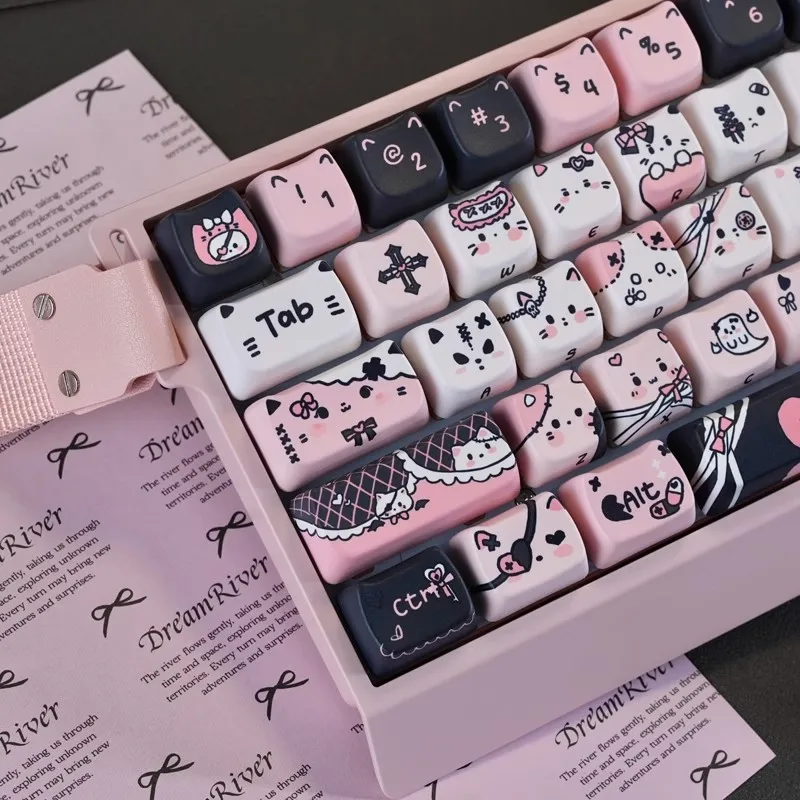Lindo encanto negro cabeza de gato Keycap Set dibujos animados sublimación de calor juego Teclado mecánico Keycap Compatible con Wooting 68ace - imagen 5