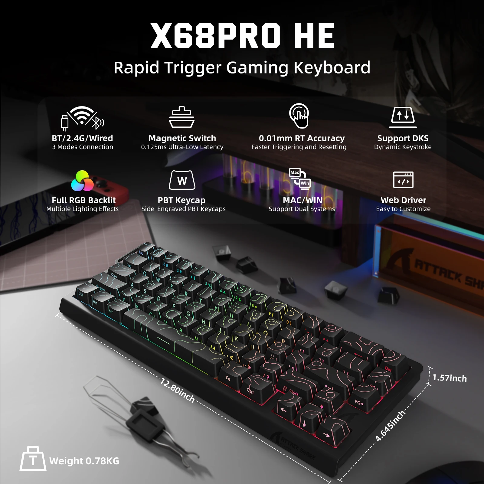 ATTACK SHARK X68PRO HE Teclado magnético inalámbrico para juegos, actuación ajustable RT de 0,01 mm, tasa de orinar de 8 Khz, intercambiable en caliente, RGB, jugador - imagen 3