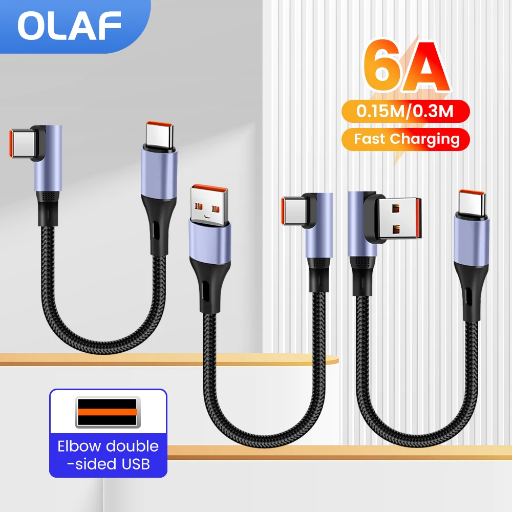 6A 0,15 M 0,3 M codo Cable de datos corto tipo C a tipo C carga rápida para iPhone 15 16 Samsung Cable USB C para Huawei Xiaomi OPPO