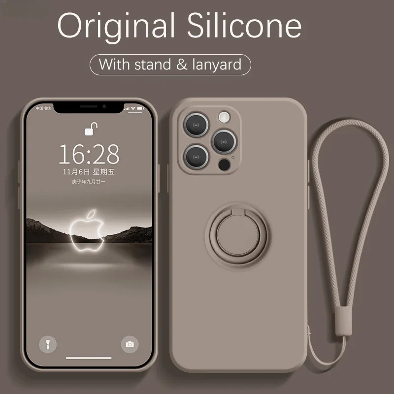 Funda Original con soporte de anillo de silicona líquida para iPhone 15, 14, 13, 12, 11 Pro Max Mini Xs XR 7 8 Plus SE, correa de cubierta magnética con soporte