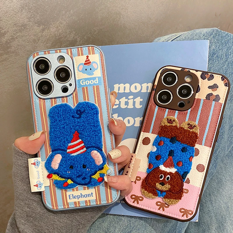 Funda de teléfono de cuero con bolsa de tambor de elefante de peluche 3D de dibujos animados para iPhone 16 15 13 14 11 12 Pro Max - imagen 2