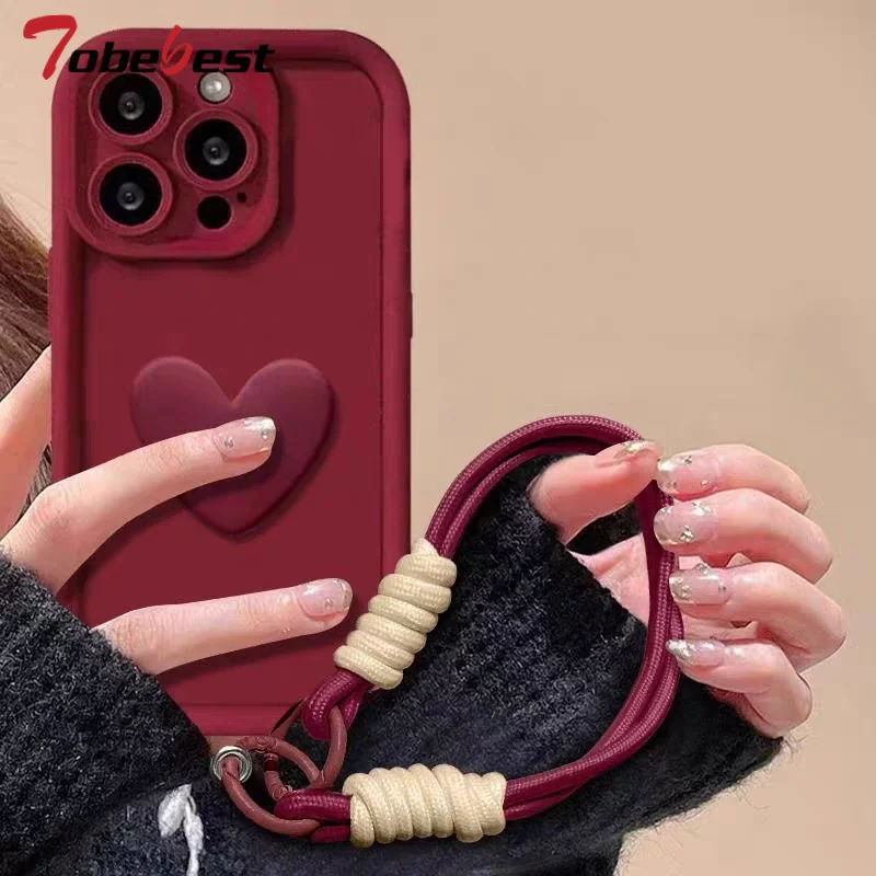 Funda con cordón para muñeca y corazón de amor para Samsung Galaxy S24 S23 S22 S21 S20 Ultra FE Plus 5G