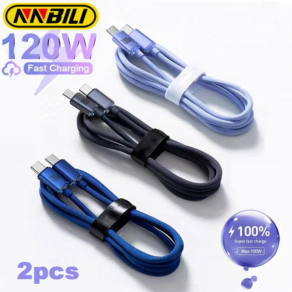 NNBILI 2 uds 120W 6A Cable tipo C a tipo C para iPhone 15 Pro Max PD Cable de datos USB C de carga rápida para Xiaomi 14 Samsung carga