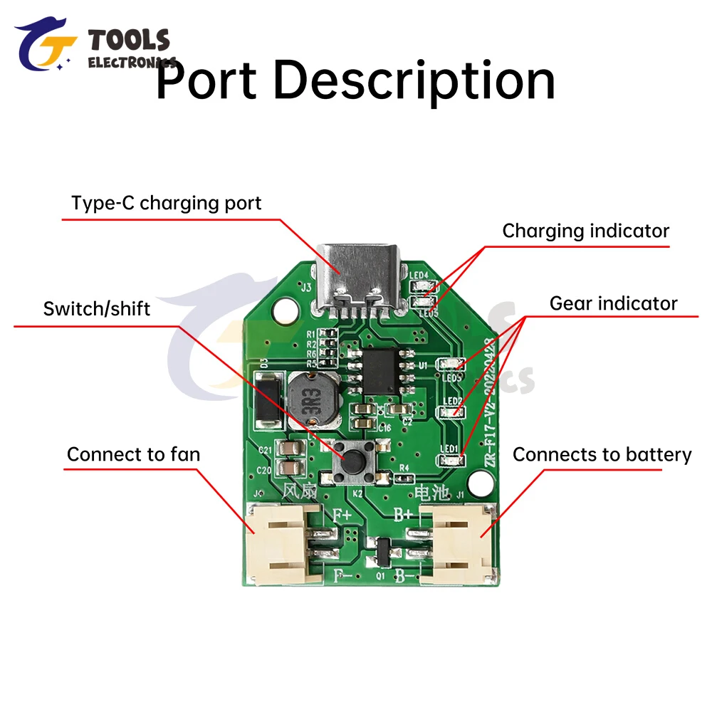 Placa de circuito de ventilador pequeño con carga USB tipo C, placa de Control de ventilador portátil de carga con regulación continua de velocidad de refuerzo de 9V - imagen 3