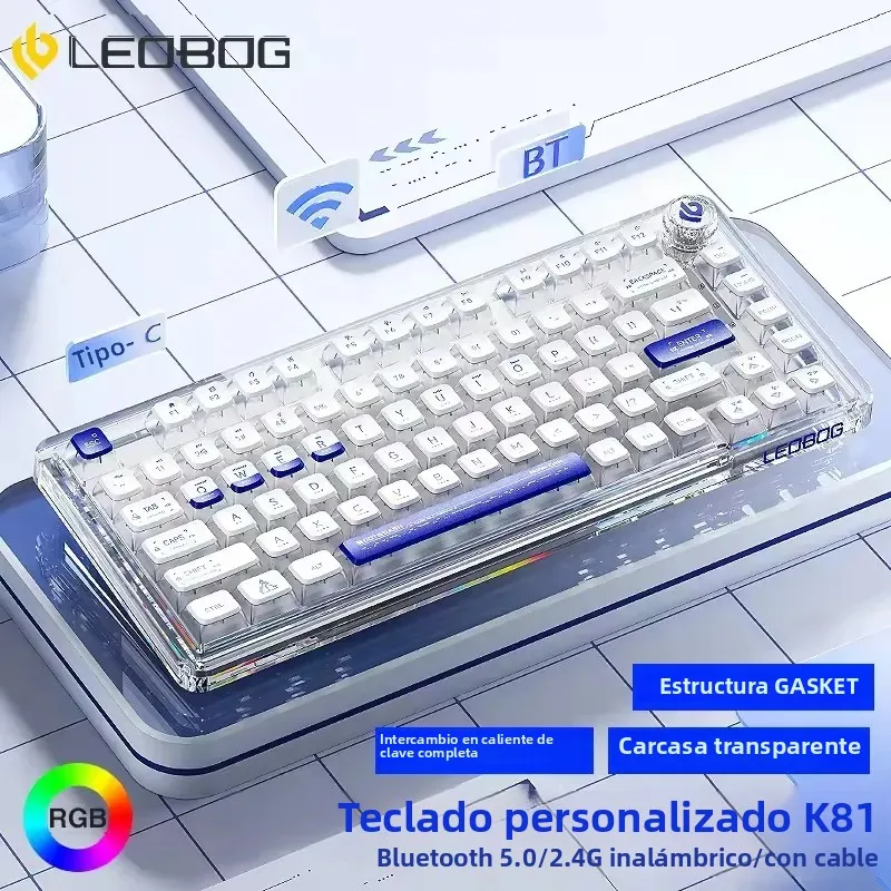 AULA marca de gama alta LEOBOG K81 Teclado mecánico acrílico transparente 81 teclas 3 modos RGB intercambiable en caliente con botón multifunción