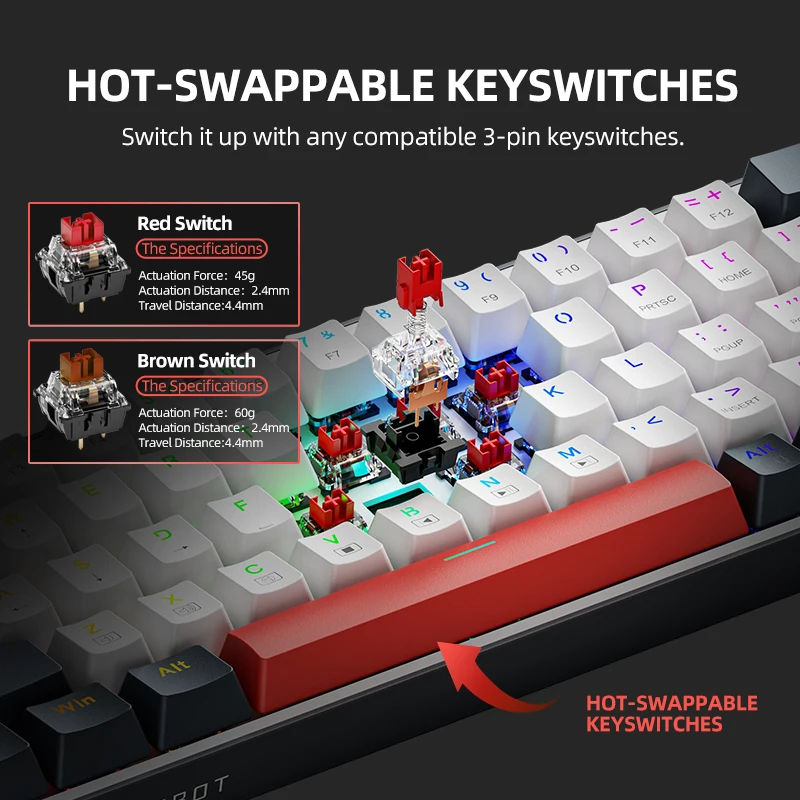 Teclado mecánico Thunderobot K63 con cable RGB ANSI 60% diseño de 63 teclas con teclas de flecha teclado para juegos intercambiable en caliente para jugadores - imagen 3