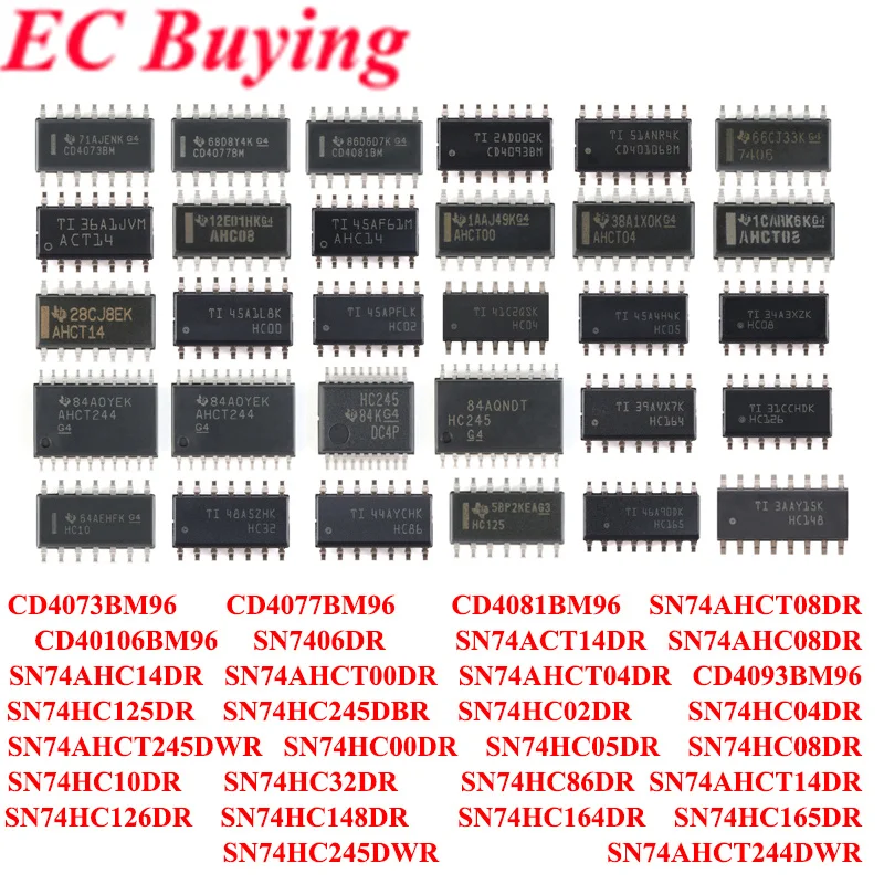 100 uds/5 uds CD4073BM96 CD4077BM96 CD4081BM96 CD4093BM96 CD40106BM96 SN7406DR SN74ACT14DR SN74AHC08DR SN74AHC14DR SN74AHCT00DR