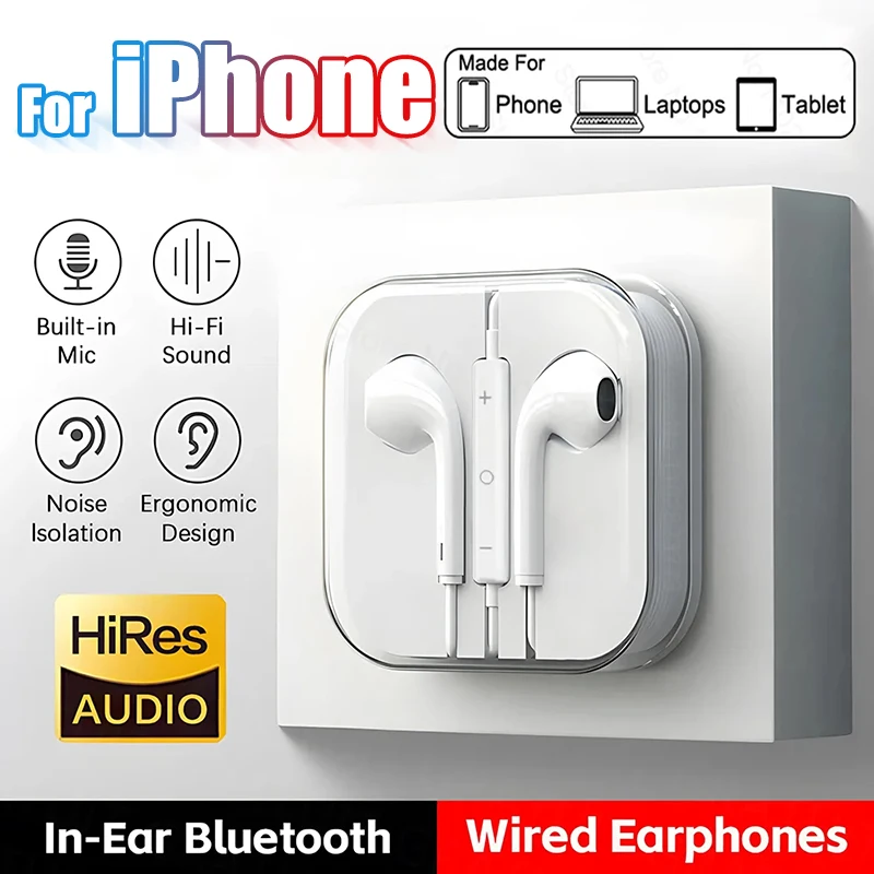 Auriculares originales para Apple iPhone 16 15 14 13 12 11 pro Max auriculares con cable 7 8 más 3,5mm auriculares estéreo en la oreja Accesorios