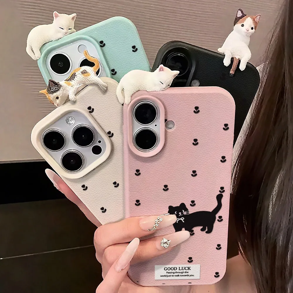 Funda de teléfono con diseño de gato negro coreano para iPhone 17 Pro 16 15 14 Plus 13 12 11 Pro Max 16E 17Air X XR XS, funda de gato de dibujos animados 3D