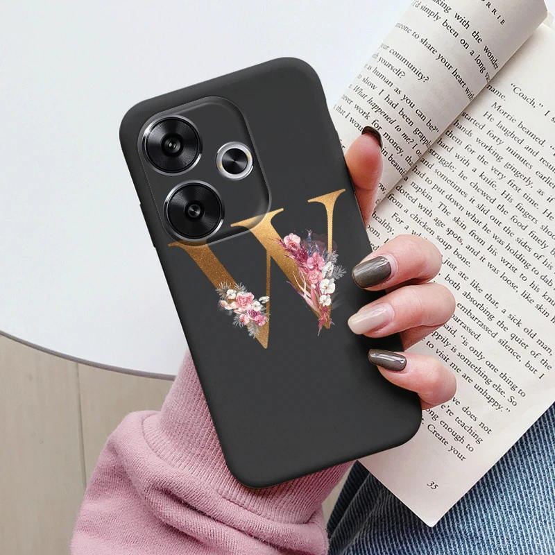 Funda con letras doradas para Poco F6, cubierta trasera suave de silicona negra para PocoF6, Protector para Xiaomi F 6, Funda a prueba de golpes, carcasa con flores rosas - imagen 5