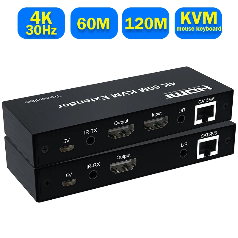 Extensor HDMI KVM 4K 120M 60M sobre RJ45 Ethernet Cat6e/6 cable HDMI USB extensor transmisor receptor kit soporte ratón teclado