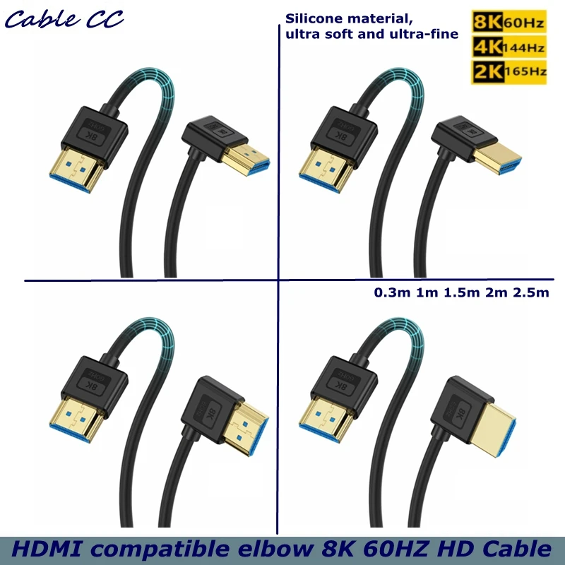 0,3 M 2M versión 2,1 compatible con HDMI con silicona Flexible ángulo de 90 grados Cable fino compatible con 10K96Hz/8K 60Hz/4K240HZ/4K144HZ