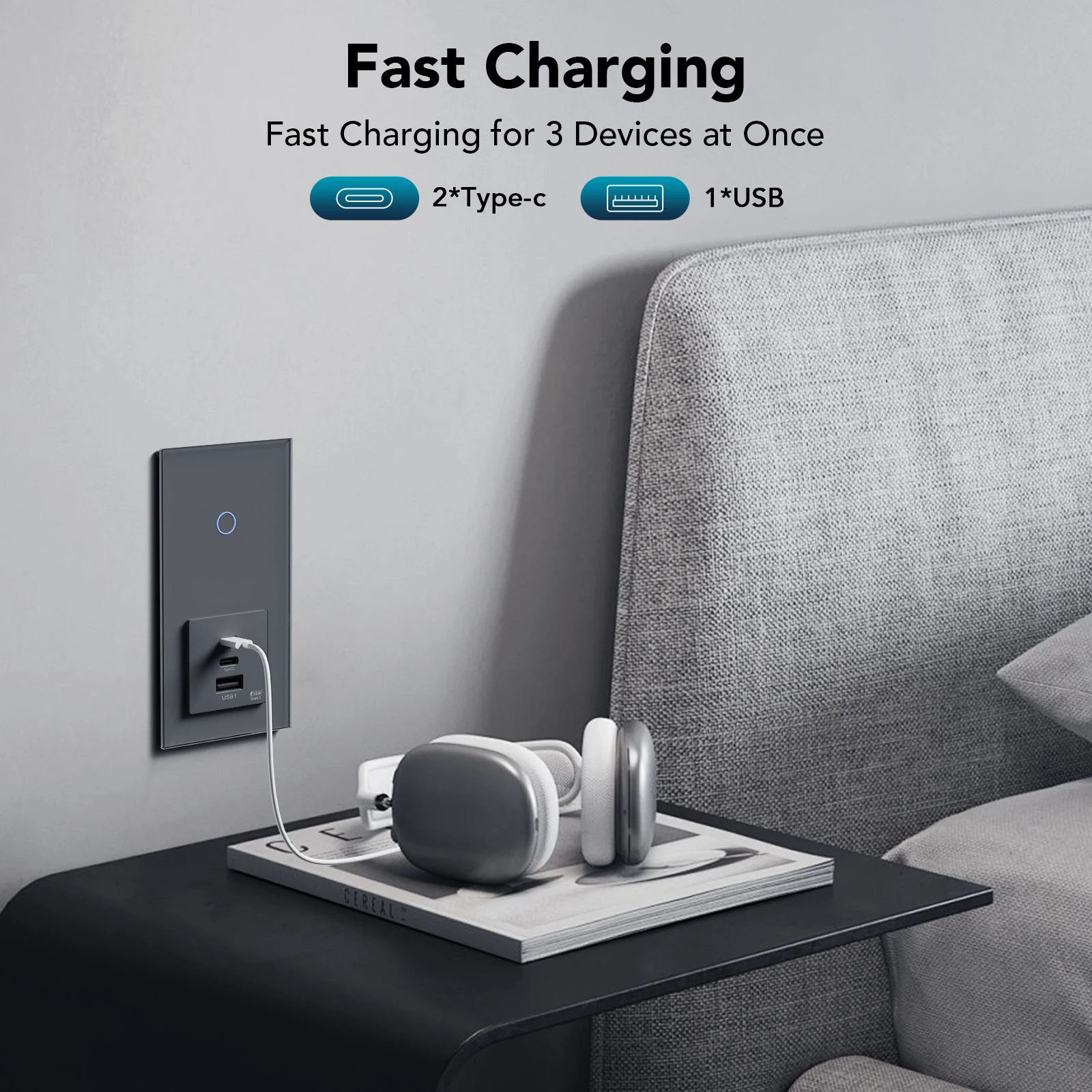 BSEED 1/2/3/4Gang Interruptor táctil para luz 1Way Plus 65w Dual tipo c USB puertos de enchufe de carga súper rápida Panel de vidrio estándar de la UE - imagen 5