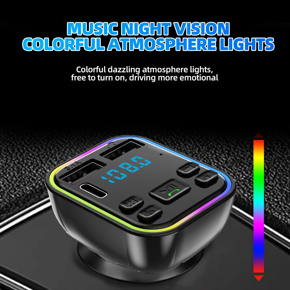 Transmisor FM Bluetooth 5,0 para coche PD tipo C Dual USB 3.1A cargador rápido luz ambiental colorida reproductor modulador MP3 manos libres - imagen 5