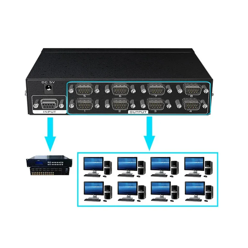 Divisor RS232 Divisor de 8 puertos DB9 Protocolo de transferencia de datos RS232 serie COM con adaptador de corriente Convertidor RS-232 hembra a macho - imagen 5