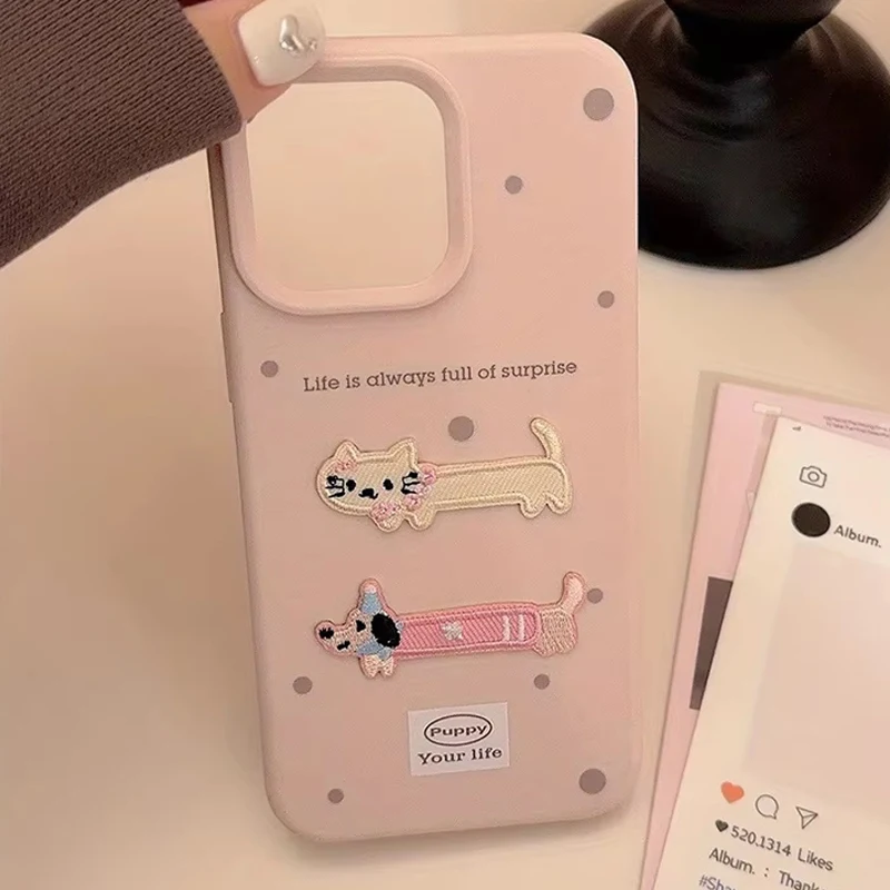 Funda de teléfono con bordado estereoscópico de dibujos animados para iPhone 17, 16, 15, 14, 13, 12, 11 Pro Max Plus, funda de silicona