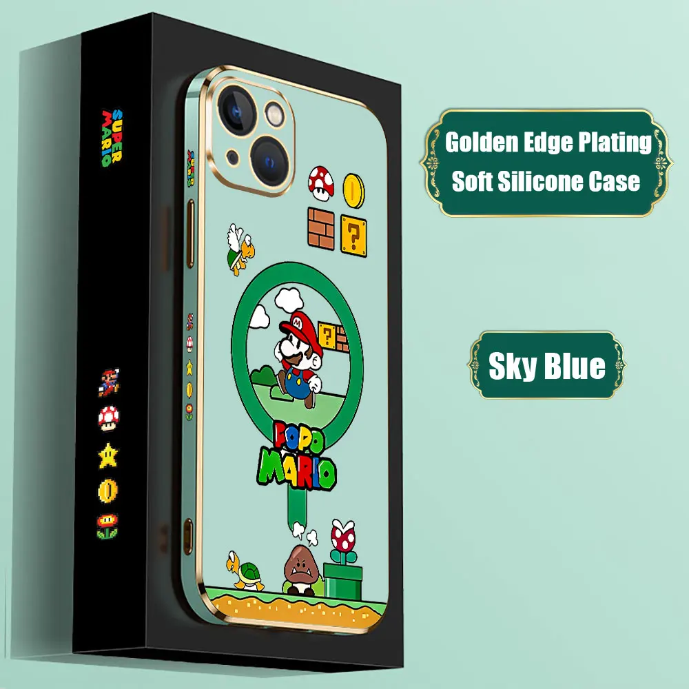 Funda de dibujos animados s-super m-mario Bros para iPhone, 15, 14 Pro Max, 13, 12 Mini, 11, 7, 8 Pro, XSMax, X, XR, SE, Funda de teléfono chapada de lujo - imagen 4