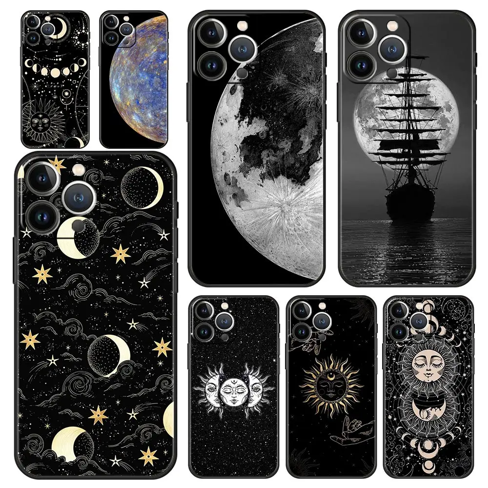 Funda de teléfono de lujo con ojos de Ángel, sol, luna, divertido, para iPhone 13, 15, 14, 12, 11 Pro MAX, XR, X, SE, XS, 7, 8 Plus, cubierta protectora negra suave