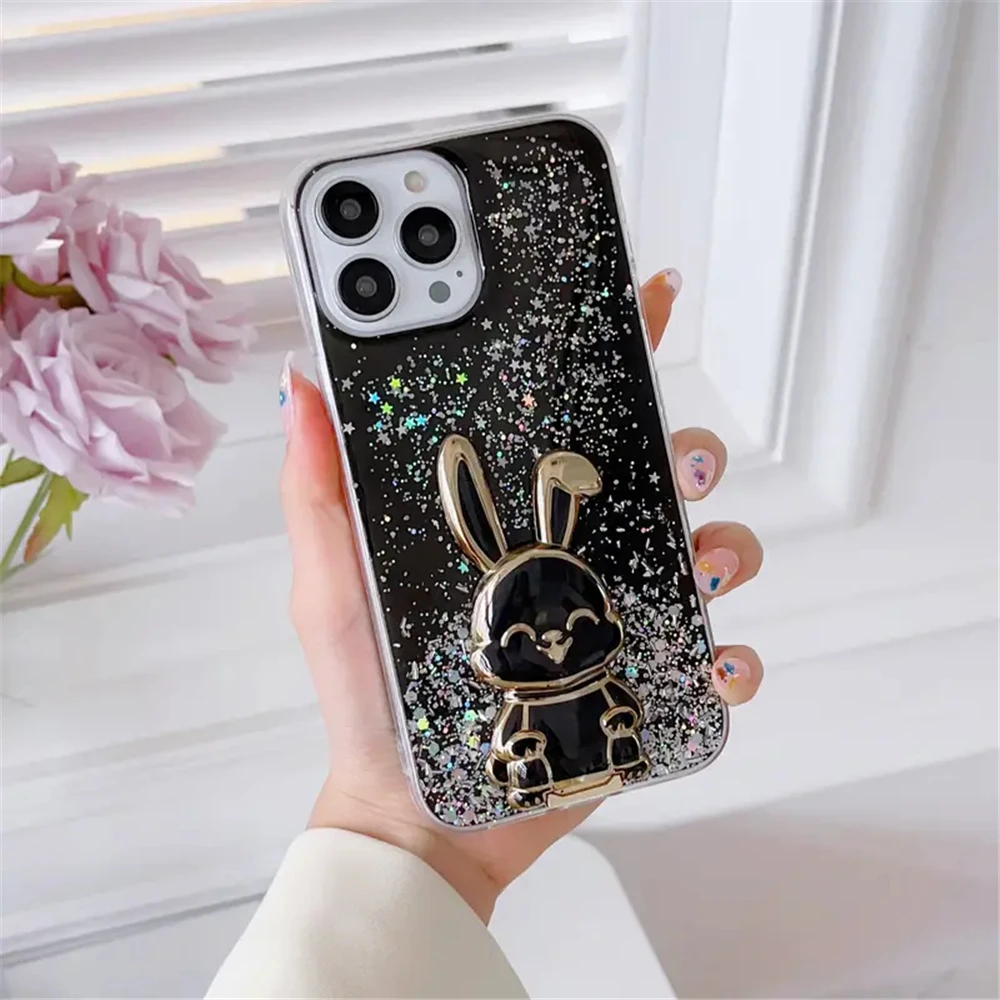 Funda de teléfono con soporte de conejo brillante chapada para Xiaomi Redmi 13C 12C 10C Note 12 4G 9S 10S 11S 8 8T 9 10 11 Pro 10A 9C - imagen 2