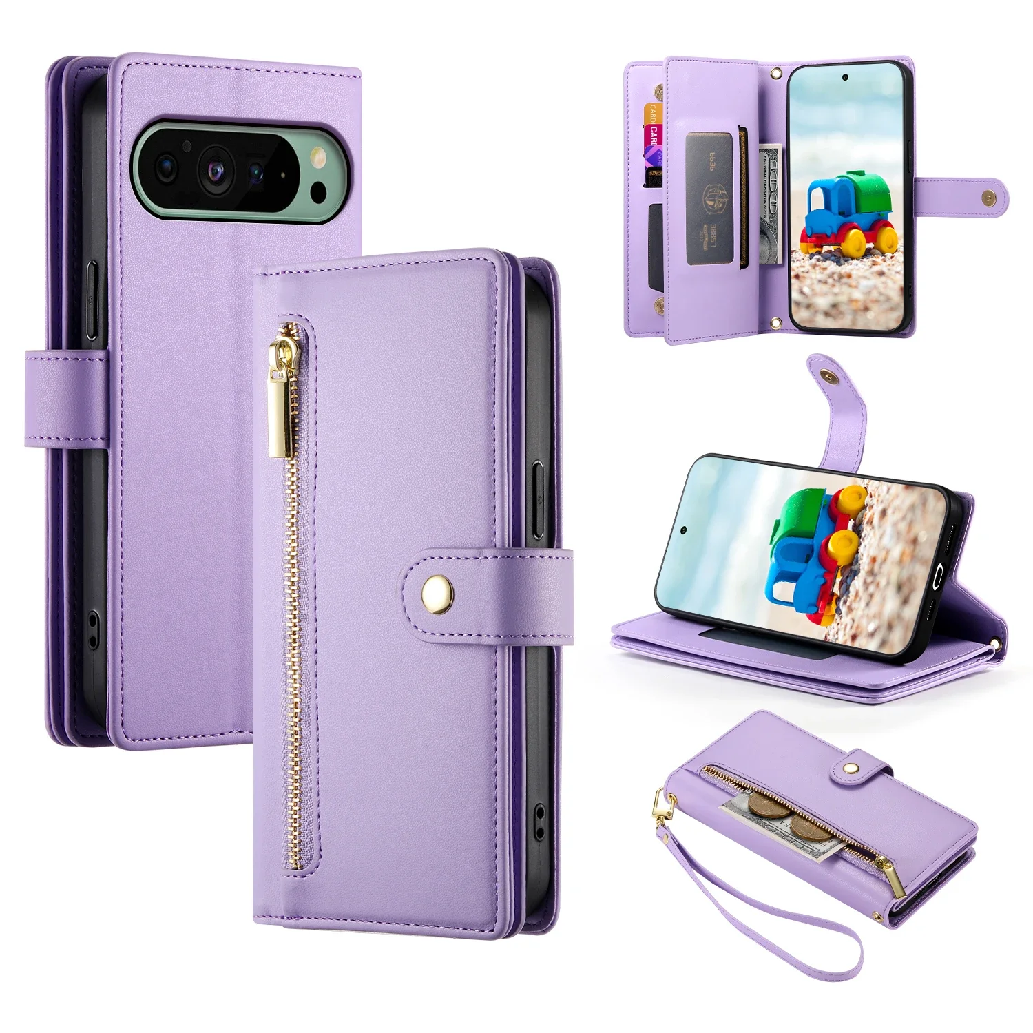 Funda de cuero con cremallera cruzada para Google Pixel 9 Pro XL, 8, 8A, 7, 7A, bolso de bolsillo, funda larga con cordón para monedero - imagen 2