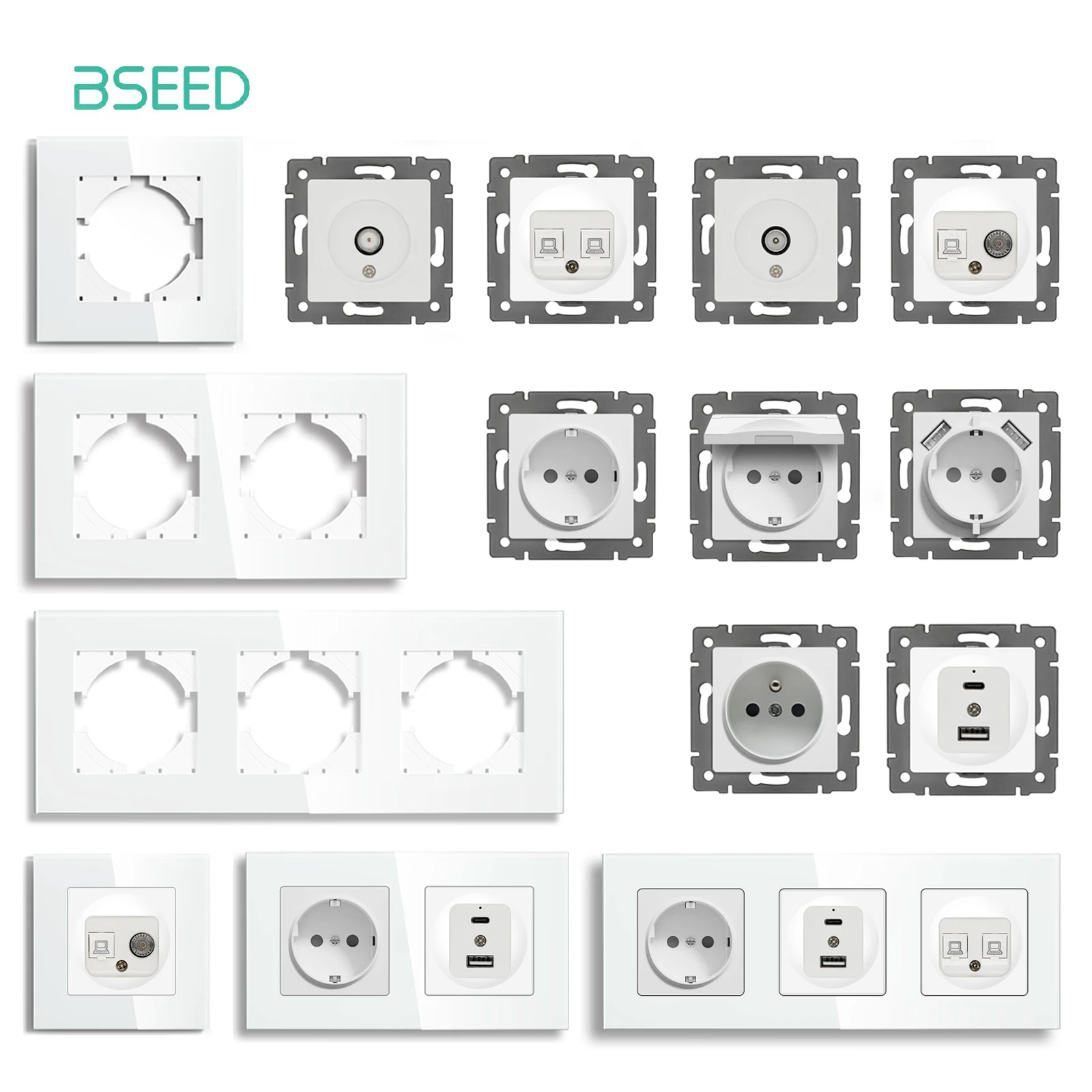 Módulo de enchufe USB tipo C de pared BSEED, enchufe de TV de Internet, función telefónica, solo pieza, Panel de vidrio, Color blanco, combinación gratuita DIY