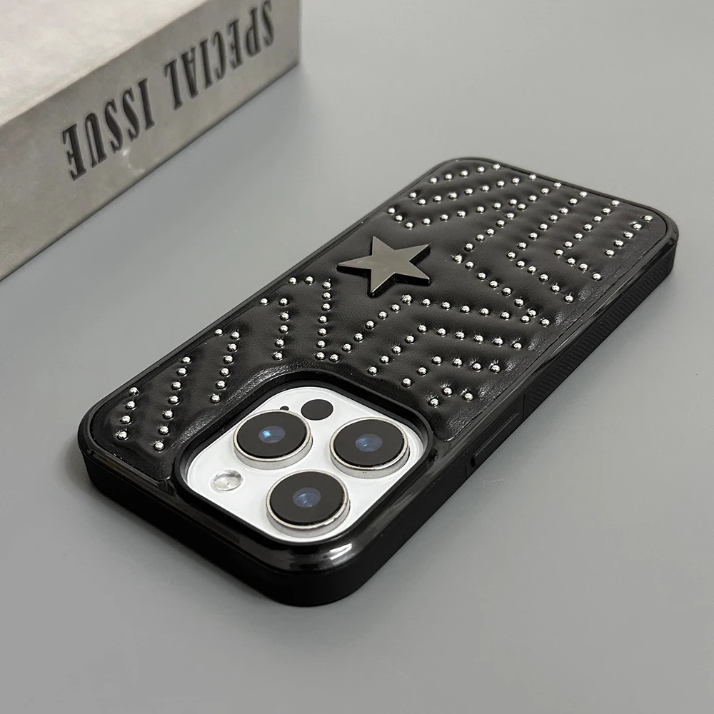 Funda protectora de cuero a prueba de golpes con estrella de cinco puntas y remaches plateados a la moda para iPhone 17 16 15 14 Pro Max 13