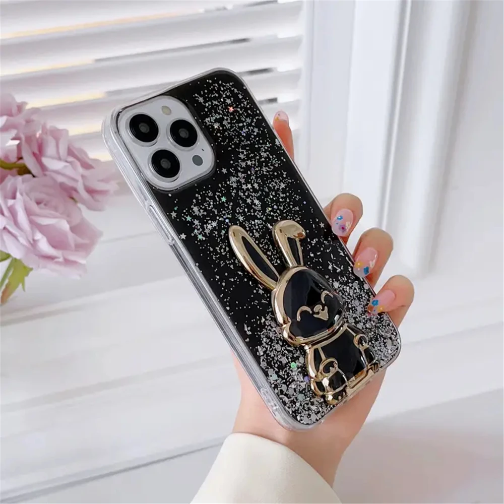 Funda de teléfono con soporte de conejo brillante chapada para Xiaomi Redmi 13C 12C 10C Note 12 4G 9S 10S 11S 8 8T 9 10 11 Pro 10A 9C