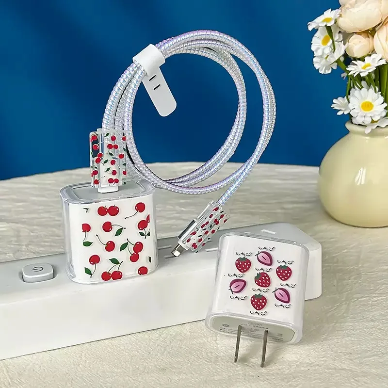 Protectores de cargador, funda de cargador Ins Fruit Peach, enrollador de Cable antirotura para cargador IP 18/20w para IPhone12 13 14 - imagen 4