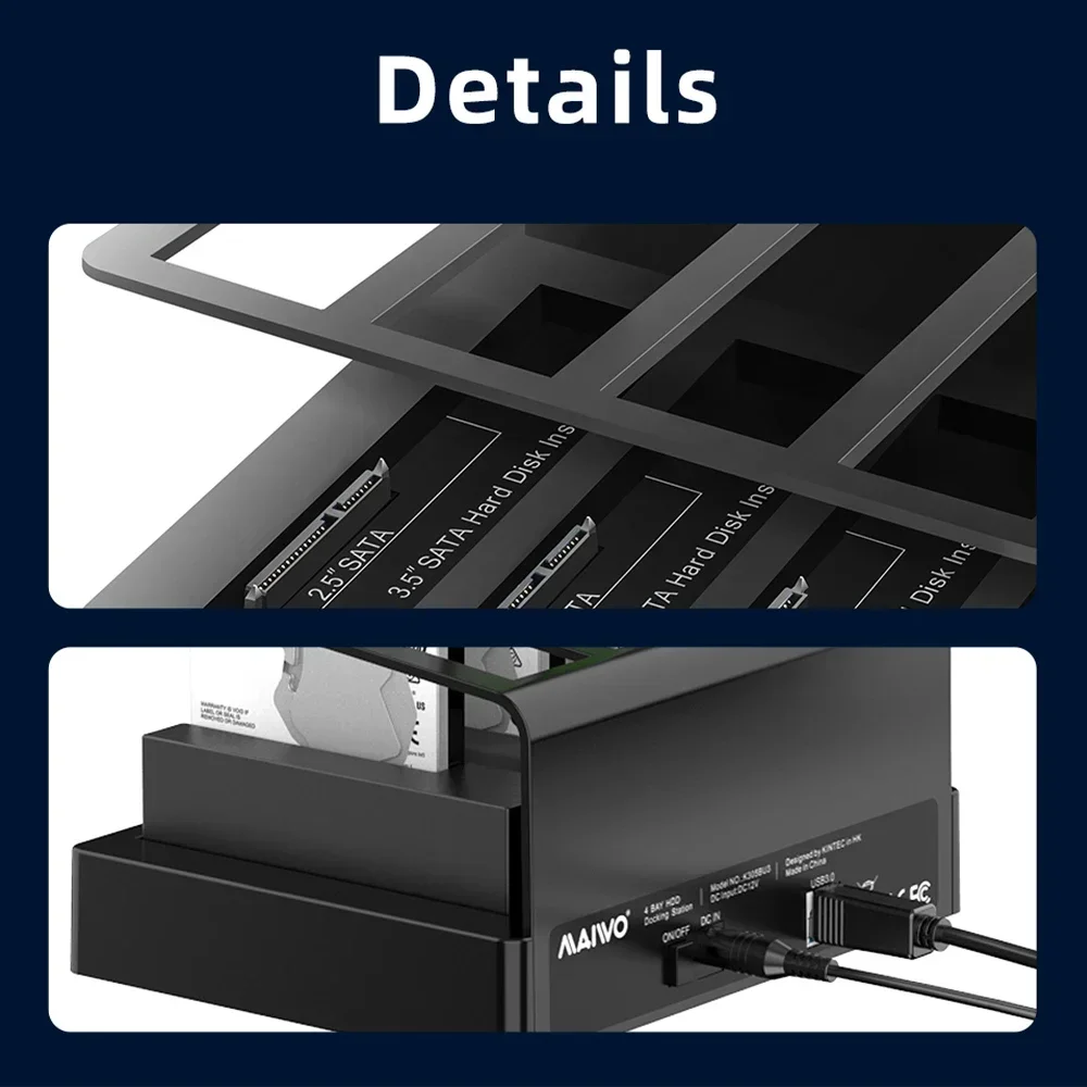Estación de acoplamiento de disco duro MAIWO de 4 compartimentos para HDD SSD SATA de 2,5/3,5 pulgadas a estación de acoplamiento HDD USB 3,0 con adaptador de corriente 12V3A - imagen 5