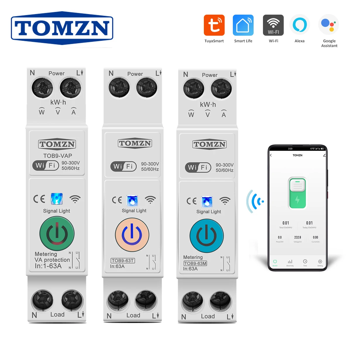 TOMZN 63A 1P + N WIFI interruptor inteligente medidor de energía Kwh medición monitoreo disyuntor temporizador relé MCB TUYA smartlife