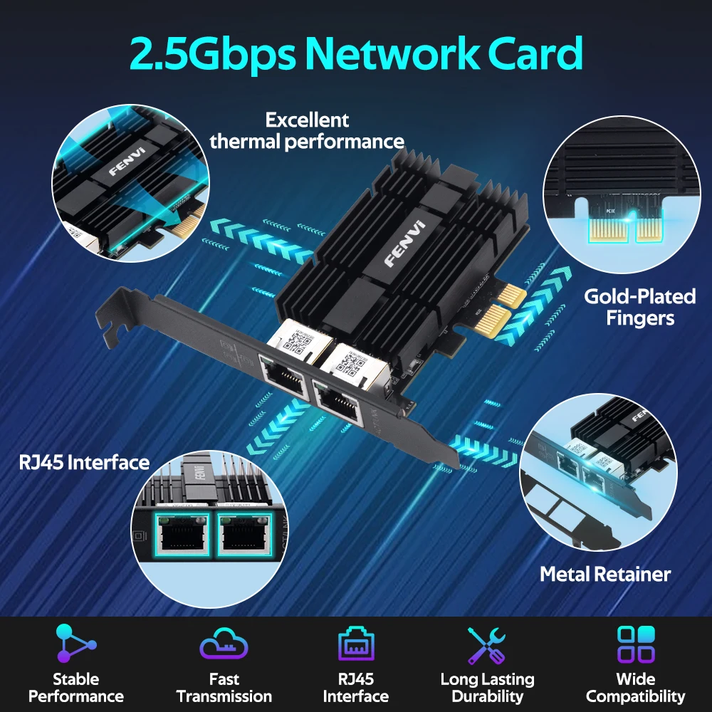 Tarjeta de red FENVI 2,5G PCIE a RJ45 para Chipset Intel I226 Gigabit Ethernet puertos duales 100/1000/2500Mbps adaptador de red para PC - imagen 2