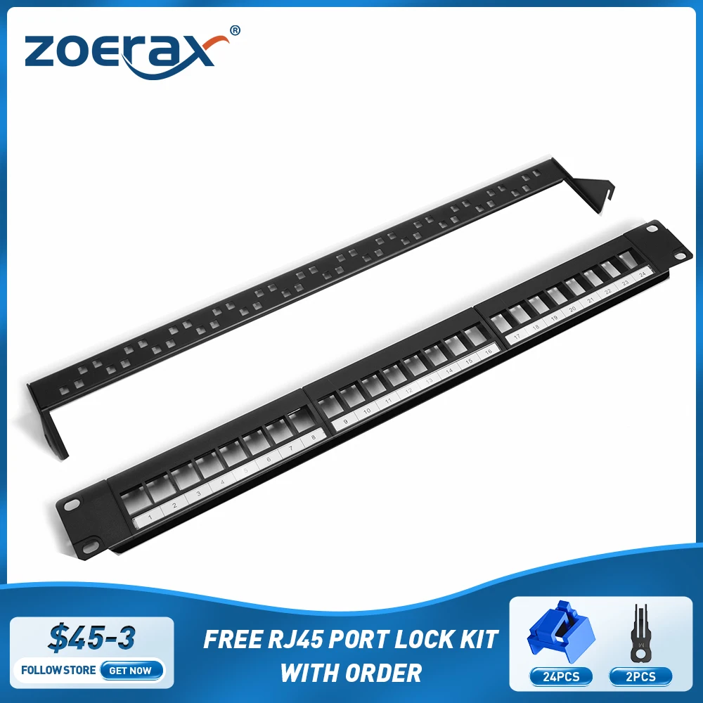 ZoeRax Panel de parche de 24 puertos Cat6 Cat6a Cat7 con Keystone en Línea 10G, Panel de parche de acoplador RJ45 de 19 pulgadas con barra trasera extraíble