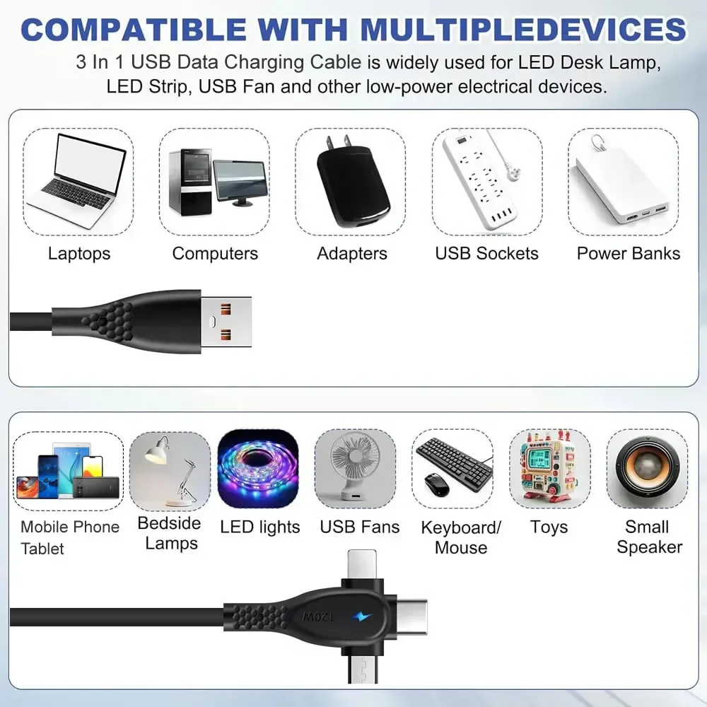 Cable de carga rápida USB tipo C 3 en 1, Cable de carga Micro USB, Cable de datos USB-C para iPhone 15 14 13 iPad Samsung Android y más - imagen 2
