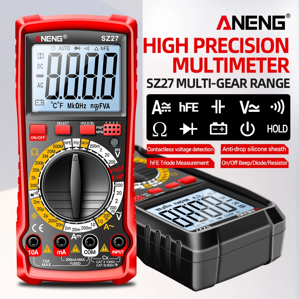 ANENG-multímetro Digital SZ27, 1999 recuentos, alta precisión, voltaje CA/CC, corriente Ohm Hz, diodo NCV, multímetro de resistencia de capacitancia