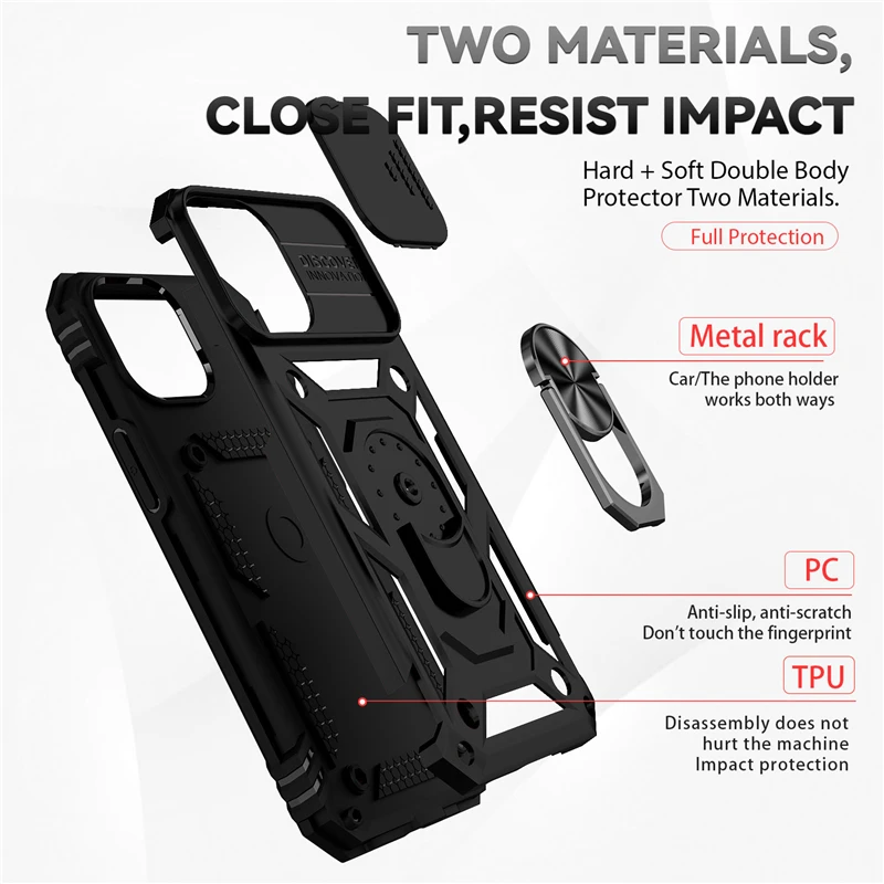 Funda con soporte de armadura de grado militar con cubierta de cámara deslizante para IPhone 14 Plus 13 11 15 16 Pro Max 12 Mini XS XR soporte magnético para coche - imagen 3