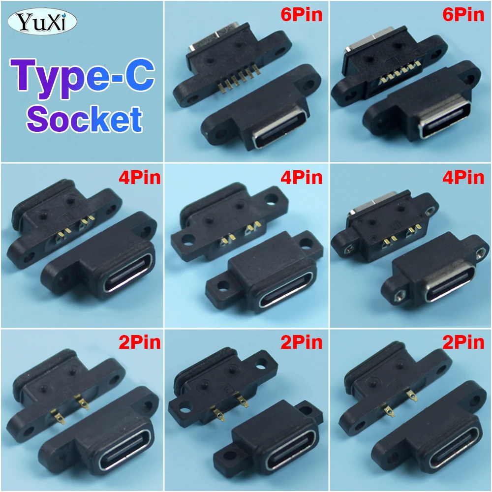 Puerto conector USB tipo C resistente al agua con orificio para tornillo, conector hembra de carga rápida de 2/4/6/ pines para puerto de Cable de cargador DIY, 1 ud.