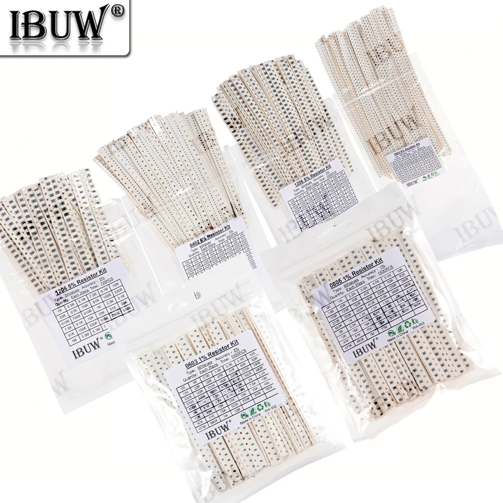 0201 0402 0603 0805 1206 1% 5% Kit surtido de resistencias SMD 1R-1M 10K 100K 1K 100R juego de resistencias DIY