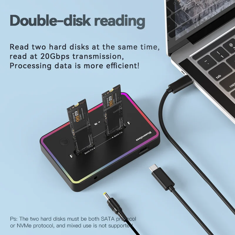 Blueendless clon fuera de línea Dual protocolo m.2 caja ssd estación de acoplamiento Ssd tipo C 10Gbps para PCIe NVME o sata 2 bay SSD gabinete - imagen 2