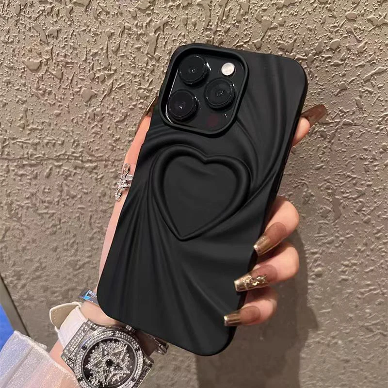 Funda de teléfono de silicona con forma de corazón de amor 3D arrugada plegable a la moda para iPhone 14 15 16 Pro Max Plus 11 12 13 ProMax cubierta completa mate suave - imagen 2